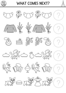 Sırada ne var? Fransa anaokulu çocukları için kruvasan, lavanta ve bereyle siyah beyaz eşleştirme aktivitesi. Fransız temalı mantıksal çalışma tablosu. Satır oyununa devam et, boyama pag