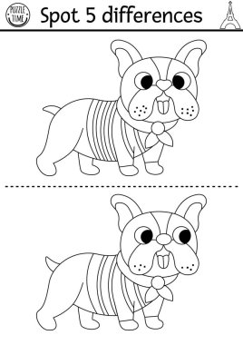 Find differences game for children. Educational black and white activity with cute poodle. Puzzle for kids with funny French dog. Printable worksheet or coloring page with France symbo clipart