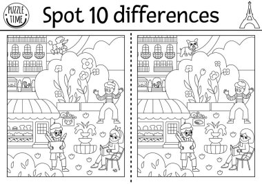 Çocuklar için farklılık oyunu bul. Paris caddesinde sevimli manzaralı eğitici siyah beyaz aktivitesi. Fransız ve binaları olan çocuklar için bulmaca. Yazdırılabilir çalışma tablosu veya renklendirici pag