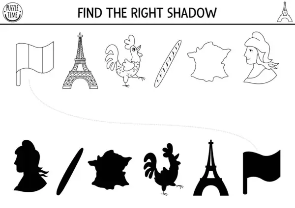 stock vector France black and white shadow matching activity. French puzzle with Marianne, map, Eiffel Tower, rooster, baguette. Find correct silhouette worksheet. Funny coloring page for kid