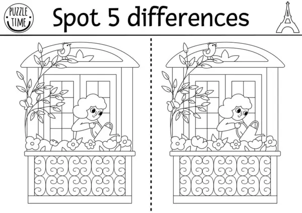 Çocuklar için farklılık oyunu bul. Balkonda çiçekleri sulayan tatlı bir kızla eğitici siyah beyaz aktivitesi. Fransız karakterli çocuklar için bulmaca. Yazdırılabilir çalışma tablosu veya renklendirici pag
