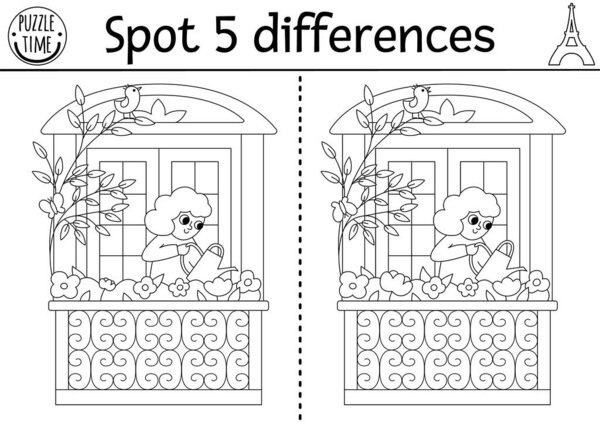 Найти различия игры для детей. Образовательное черно-белое занятие с симпатичной девушкой, поливающей цветы на балконе. Головоломка для детей с французским характером. Печатный лист или раскраска pag