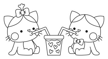 Siyah-beyaz kawaii kedi çifti köpüklü çay içiyor. Kedi yavruları izole edilmiş. Şirin kedi yavrusu tasviri. Sevgi dolu çocuklar için komik Sevgililer Günü boyama sayfası