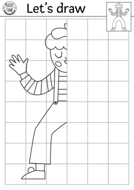 Pandomimciyi tamamla. Vektör Fransa simetrik çizim çalışma tablosu temalı. Çocuklar için basılabilir siyah-beyaz aktivitesi. Resmin Fransızca renkli sayfasını sevimli bir 