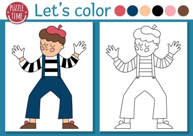 Bere ve çizgili tişörtlü pandomimci çocuklar için Fransız temalı boyama sayfası. Vektör Fransızca özet çizimi. Renkli örnekleri olan çocuklar için boyama kitabı. Çizim becerileri yazdırılabilir çalışma grubu