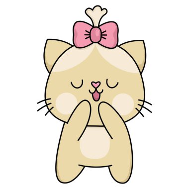 Vektör çizgi film kawaii, kedisi olan utangaç bir kız. Kedicik izole edilmiş. Şirin kedi yavrusu renkli tasvir. Aşk kavramları olan çocuklar için komik Sevgililer Günü ikonu