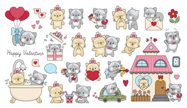 Sevgililer günü kedilerinin vektör karikatür seti. Kedi çifti öpüşüyor, sarılıyor, oynuyor. Sevimli, komik kawai çizimleri ya da aşk konsepti olan çocuklar için ikonlar. Kalpli ve çiçekli kedi