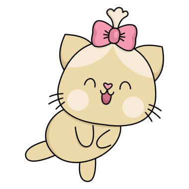 Vektör çizgi film kawaii, kedisi olan utangaç bir kız. Kedicik izole edilmiş. Şirin kedi yavrusu renkli tasvir. Aşk kavramları olan çocuklar için komik Sevgililer Günü ikonu