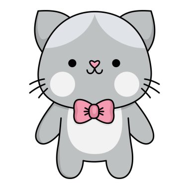 Vektör çizgi film kawaii papyonlu kedi çocuk. Kedicik izole edilmiş. Şirin kedi yavrusu renkli tasvir. Aşk kavramları olan çocuklar için komik Sevgililer Günü ikonu