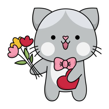 Vektör çizgi film kawaii kedi çocuk ikonu papyonlu ve çiçekli. Kedicik izole edilmiş. Şirin kedi resmi. Aşk kavramları olan çocuklar için komik Sevgililer Günü ikonu