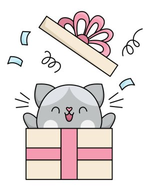 Vektör çizgi film kawaii kedisi şimdiki kutudan çıkıyor. Kedicik izole edilmiş. Şirin kedi resmi. Sevgi ve sürpriz yetenekleri olan çocuklar için komik bir Sevgililer Günü ikonu