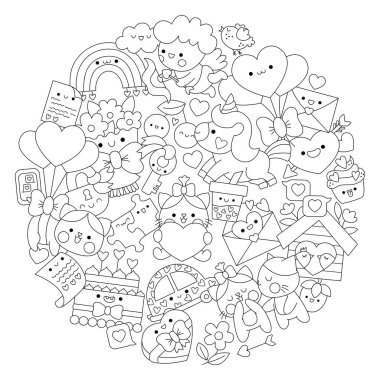 Tatlı Kawaii karakterli çocuklar için vektör Saint Valentine yuvarlak çizgi boyama sayfası. Siyah ve beyaz aşk bayramı illüstrasyonları. Komik aşk tanrısı, tek boynuzlu at, kediler, kalpler, daire içine alınmış çiçekler.