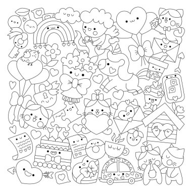 Şirin kawaii karakterli çocuklar için vektör Saint Valentine kare çizgi boyama sayfası. Siyah ve beyaz aşk bayramı illüstrasyonu komik aşk tanrısı, tek boynuzlu at, kediler, kalpler, çiçek