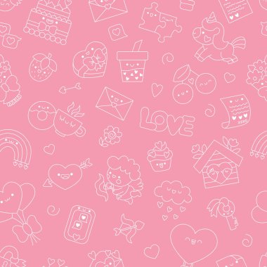 Vector kawaii Saint Valentine çocuklar için monokrom dikişsiz desen. Tek boynuzlu at ve kupayla arka planı tekrarlayan şirin bir çizgi film. Beyaz elementli pembe dijital kağıt. Geleneksel aşk bayramı sembolü
