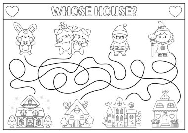 Çocuklar için siyah-beyaz tatil labirenti. Kawaii Noel Baba, cadı, kedi, tavşan ve evle olan çizgi aktiviteleri. Labirent oyunu, bulmaca, Noel, Paskalya, Sevgililer Günü, Cadılar Bayramı