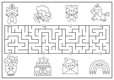 Çocuklar için Aziz Valentine siyah beyaz labirenti. Kawaii karakterli bayram çizgisi basılabilir aktivitelerine bayılırım. Labirent oyunu, bulmaca, sevimli aşk tanrısı, kediler, tek boynuzlu at, gökkuşağı