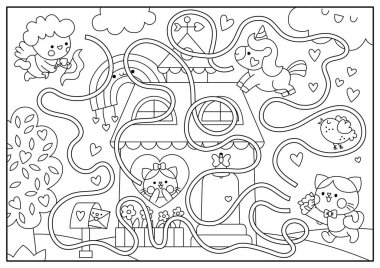 Çocuklar için Aziz Valentine siyah beyaz labirenti. Kawaii unicorn, gökkuşağı, aşk tanrısı ile yazılabilir tatil çizgisi aktivitesi. Labirent oyunu, yapboz, sevimli romantik randevu sahnesi olan boyama sayfası, kedi