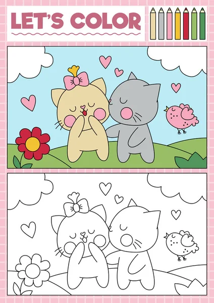 Saint Valentine Coloring Page Children Cute Kawaii Scene Cat Couple — Stock Vector