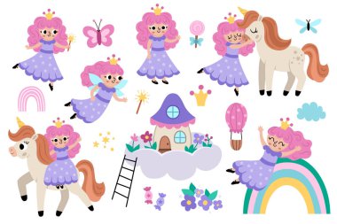 Vektör perisi hazır. Sihirli değnekli fantezi büyücü, pembe saçlı, taç takan, bulutlardaki ev. Peri masalı karakter koleksiyonu. Çizgi film sihirli prenses uçuyor, tek boynuzlu ata sarılıyor, gökkuşağı kayıyor.