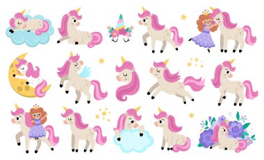 Tek boynuzlu at seti. Sarı boynuzlu ve pembe yeleli fantezi hayvan koleksiyonu. Peri masalı karakteri oturur, koşar, periye sarılır, uyur. Çocuk için çizgi film sihirli yaratık simgeleri