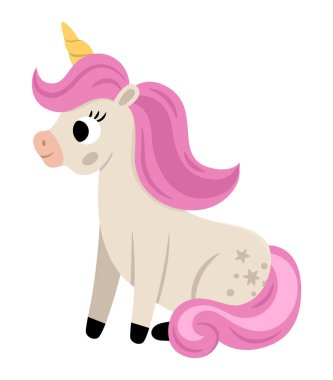 Sarı boynuzlu ve pembe yeleli tek boynuzlu at. Fantezi oturan hayvan. Çocuklar için peri masalı karakteri. Çizgi film sihirli yaratık simgesi beyaz sırtüstü izole