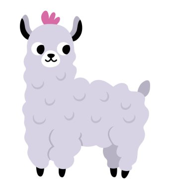 Çocuklar için vektör lama illüstrasyonu. Çocuklar için sevimli bir hayvan karakteri. Çizgi film alpaka simgesi beyaz grupta izole edildi