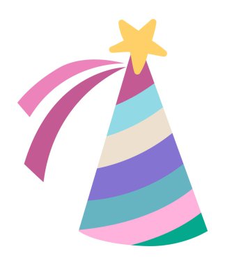 Gökkuşağı renginde vektör renkli koni şapkalı ve üstünde yıldız var. Peri masalı temalı doğum günü şapkası. Tatlı sihirli baş aksesuar tasarım elementi. Tatil başlığı Meksika