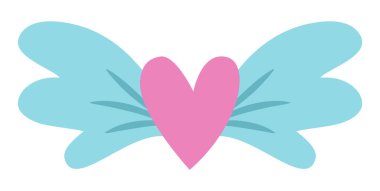 Mavi kanatlı pembe kalp taşıyıcısı. Aziz Valentine ya da tek boynuzlu at konsepti. Beyaz arka grupta izole edilmiş sevimli aşk çizimi