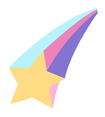 Gökkuşağı renkli kuyruklu vektör uçan kuyruklu yıldız. Kayan yıldız çizimi. Tek boynuzlu at hazinesi konsepti. Beyaz arka grupta izole edilmiş kartlar için sihirli ya da peri masalı dekorasyonu