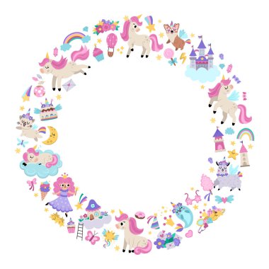 Tek boynuzlu at partisi için vektör yuvarlak çerçeve. Pankart tasarımı, davetiyeler, kartpostallar, sosyal medya. Hayvanlarla, perilerle, gökkuşağıyla, yıldızlarla, kristallerle süslü sevimli sihir dünyası çizimi.