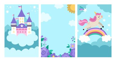 Tek boynuzlu at sahneleri ayarlandı. Küçük atlarla dikey arkaplan koleksiyonu. Gökkuşağı, kale, bahçe ve kart tasarımı için mor çiçekli fantezi dünyası çizimleri. Çocuklar için masal manzarası