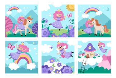 Vektör perisi sahneleri ayarlandı. Küçük prensesle eski toprak koleksiyonu. Kız, tek boynuzlu at, gökkuşağı, bulutların üzerindeki kulübe ile sihir ya da fantezi dünyası çizimleri. Çocuklar için masal manzarası