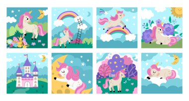 Tek boynuzlu at sahneleri ayarlandı. Küçük atların olduğu kare arka plan koleksiyonu. Gökkuşağı, kale, sihirli orman, yarım ay, bulut ve bahçeli fantezi dünyası çizimleri. Çocuklar için masal manzarası