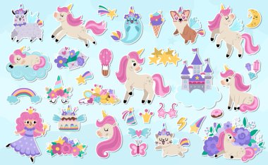 Büyük vektör tek boynuzlu at etiketleri ayarlandı. Komik prenses, gökkuşağı, kale ve kayan yıldızlı masal simgesi koleksiyonu. Mavi soyut grubundaki şirin düz sihirli fantezi dünyası dengeli çizimler