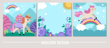 Tek boynuzlu at sahneleri ayarlandı. Küçük atların olduğu kare arka plan koleksiyonu. Gökkuşağı, peri prenses, sihirli orman, bulut ve bahçeli fantezi dünyası çizimleri. Çocuklar için masal manzarası