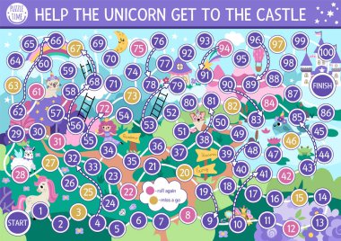 Tatlı hayvanları, perisi, gökkuşağı ve kalesi olan çocuklar için tek boynuzlu at zar oyunu. Fantezi manzaralı bir oyun masalı. Sihirli dünya yazdırılabilir etkinlik veya çalışma tablosu 