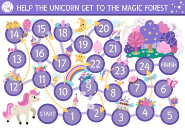 Tatlı hayvanları, perisi, gökkuşağı ve kalesi olan çocuklar için tek boynuzlu at zar oyunu. Fantezi ormanı, kayan yıldızlar, hazineler ve kristallerle oynanan peri masalı oyunları. Sihirli dünya yazdırılabilir etkinlik veya çalışma tablosu