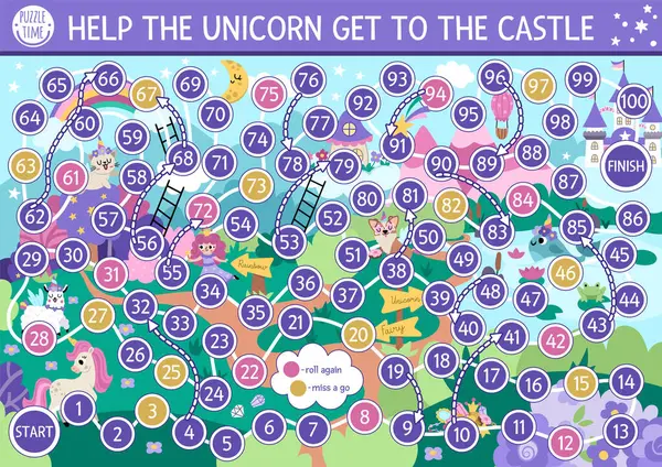 Tatlı hayvanları, perisi, gökkuşağı ve kalesi olan çocuklar için tek boynuzlu at zar oyunu. Fantezi manzaralı bir oyun masalı. Sihirli dünya yazdırılabilir etkinlik veya çalışma tablosu 