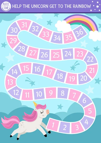 Tatlı gökkuşağı ve kayan yıldızlı çocuklar için tek boynuzlu at basit zar oyunu. Fantezi hayvanlı, gökyüzü arka planlı, bulutlu bir masal oyunu. Sihirli dünya yazdırılabilir etkinlik veya çalışma tablosu