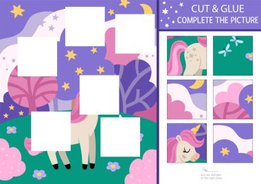 Tek boynuzlu at kesimi ve yapıştırıcı aktivitesi. Tatlı bir hayvanla peri masalı oyunu, sihirli orman manzarası. Olay yerini kare etiketle doldurun. Bulmacanın doğru parçasını bul. Resmi tamamla