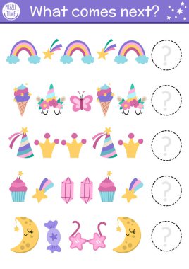 Sırada ne var? Anaokulu çocukları için geleneksel sembollerle tek boynuzlu at etkinliği. Komik hayal dünyası bulmacası. Sihirli mantıksal çalışma tablosu. Gökkuşağı ile satır oyununa devam et sta