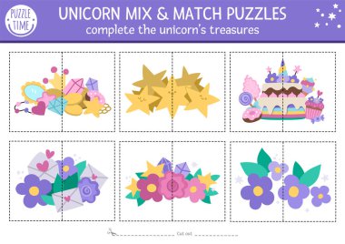 Tek boynuzlu atı güzel hazinelerle karıştır ve eşleştir. Anaokulu öğrencileri için peri masalı aktiviteleri. Sihir, fantezi dünyası değerli taşlar, kristaller, kayan yıldızlar ile eğitici basılabilir oyun