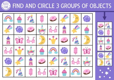 Tek boynuzlu at sihirli elementlerle oyun ara ve bul. Gökkuşağı, kristal ve yıldızla ilgili eğitim bulmacası. Çocuklar için masal basılabilir aktiviteler. Nesne grupları bul. Fantezi arayışı yap!