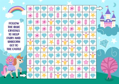 Tek boynuzlu at labirenti, mücevherlerle, yıldızlarla, çiçeklerle oyun ara ve bul. Dikkat çekme yeteneği bulmacası. Çocuklar için masal basılabilir aktiviteler. Mantıklı arama yap-bozu. Peri 'nin kaleye ulaşmasına yardım etmek için kristalleri takip et!