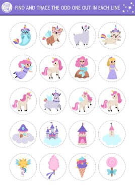 Garip olanı bul. Çocuklar için tek boynuzlu at mantıksal aktivitesi. Dikkat çekme becerileri için fantezi ya da sihirli dünya eğitim sınavı çalışma tablosu. Peri, denizkızı, narval ve kaleciyle basılmış bir masal oyunu.