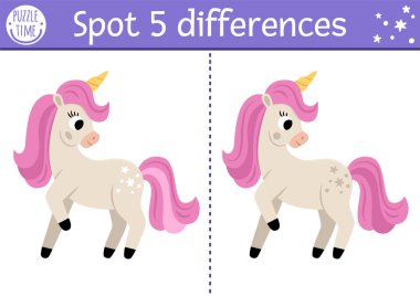 Unicorn find differences game for children. Fairytale educational activity with horse with horn. Cute puzzle for kids with funny fantasy character. Printable worksheet, page for attention skill clipart