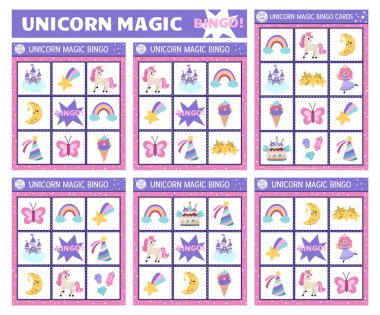 Tek boynuzlu at tombala kartları hazır. Çocuklar için sevimli peri, kale ve gökkuşağı ile eğlenceli aile loto masası oyunu. Peri masalı piyango aktivitesi. Basit büyü ya da fantezi eğitim amaçlı basılabilir çalışma