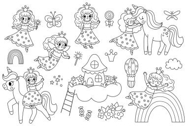 Siyah ve beyaz vektör peri seti. Sihirli değneği, tacı, tek boynuzlu atı, gökkuşağı, bulutlu evi olan fantezi hattı büyücüsü. Peri masalı karakter koleksiyonu. Çizgi film büyülü prenses boyama pastası.