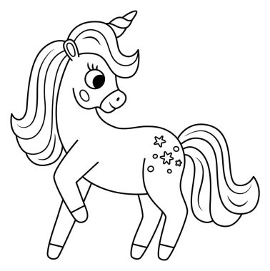 Boynuzu ve yelesi olan siyah beyaz tek boynuzlu bir at. Fantezi hayvanı. Çocuklar için peri masalı karakteri. Çizgi film sihirli yaratık simgesi ya da boyama sayfası beyaz arka grubunda izole