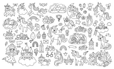 Siyah ve beyaz tek boynuzlu atlar ayarlandı. Peri masalı karakterleri, periler, boynuzlu hayvanlar, bulutlu şato, gökkuşağı, düşen yıldızlar, kristaller, şekerler. Hayal dünyası renklendirme simgesi